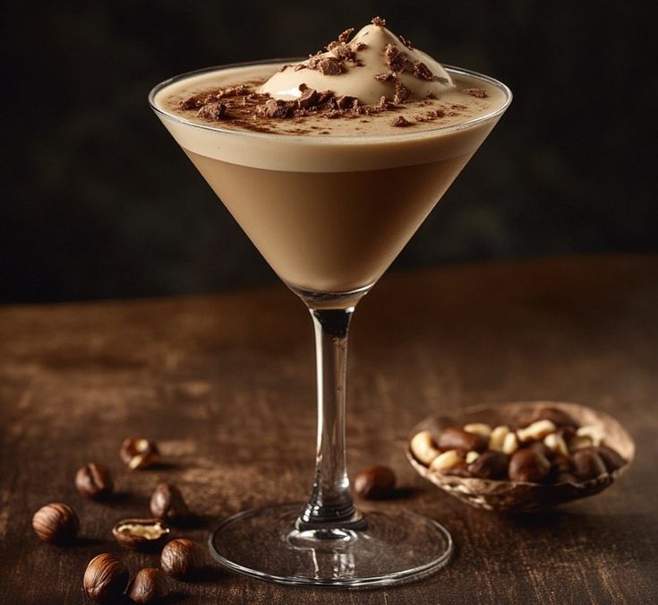 Espresso martini in coupe glass with coffee bean garnish and cream foam