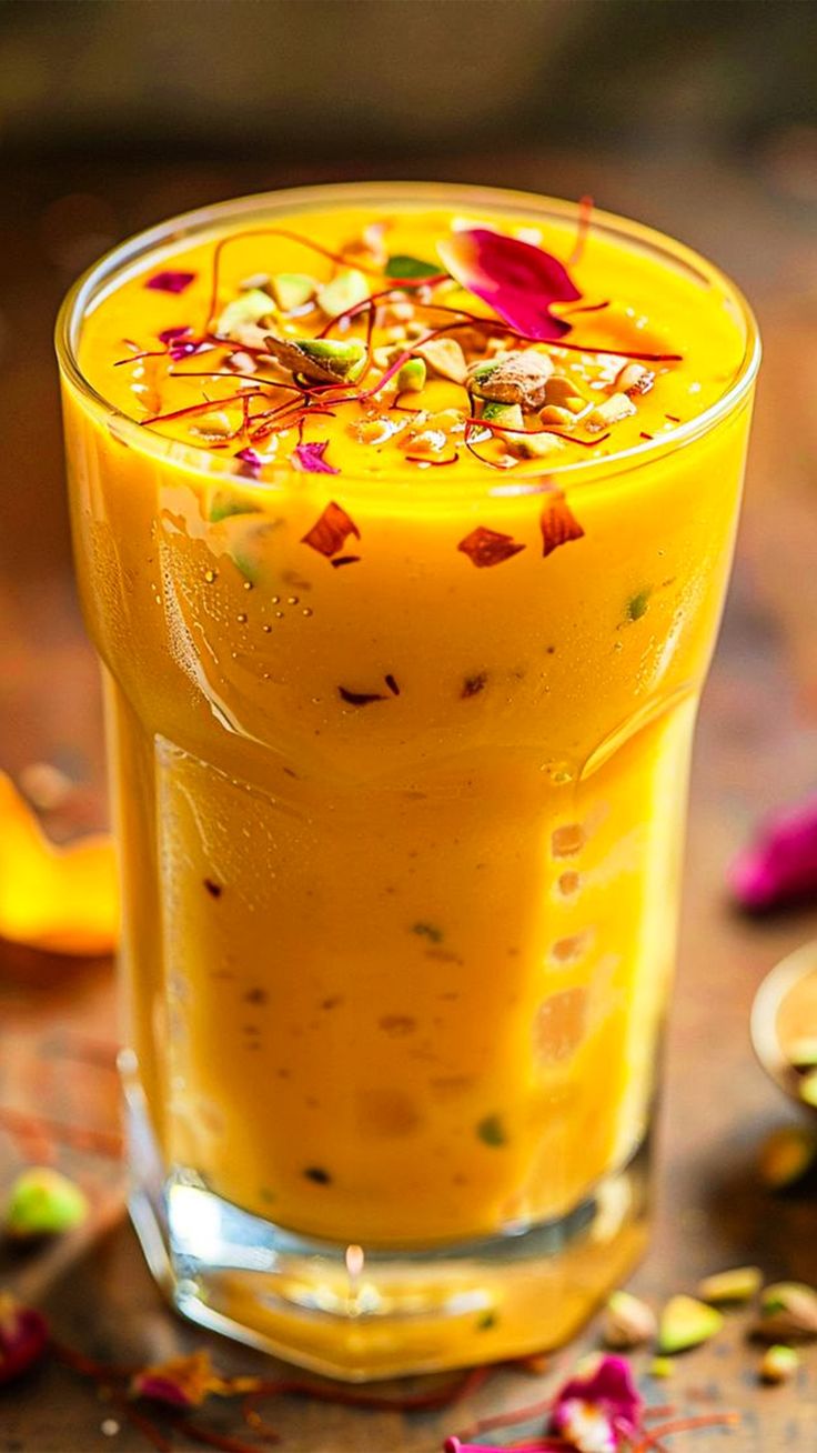 Mango lassi yogurt smoothie with mango chunks and cinnamon
