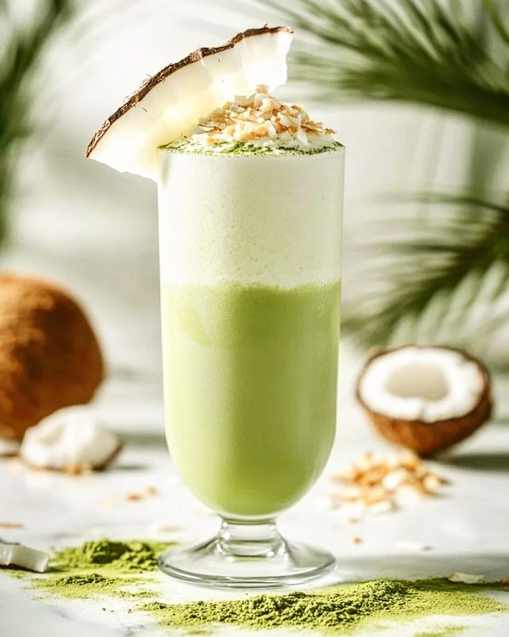 Green matcha latte with cream foam heart art in glass