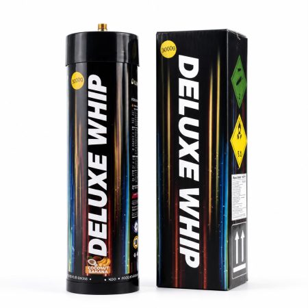 Deluxe Whip 3000g Cream Charger Cylinder — Full Pallet of 128 Cylinders 9 Deluxe Whip 3000g Coconut Banana nitrous oxide cylinder with printed carton, supplied by the full pallet