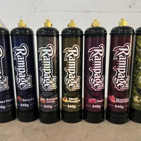 Rampage Flavoured 640g Cream Charger Cylinder — Full Pallet of 432 Cylinders 13 Rampage 640g flavoured nitrous oxide cylinders in seven flavours, supplied by the full pallet