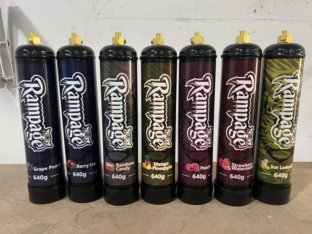 Rampage Flavoured 640g Cream Charger Cylinder — Full Pallet of 432 Cylinders 1 Rampage 640g flavoured nitrous oxide cylinders in seven flavours, supplied by the full pallet