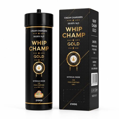 Whip Champ Gold 2100g Cream Charger Cylinder — Full Pallet of 168 Cylinders 11 Whip Champ Gold 2100g Rainbow Candy nitrous oxide cylinder with black and gold carton, supplied by the full pallet
