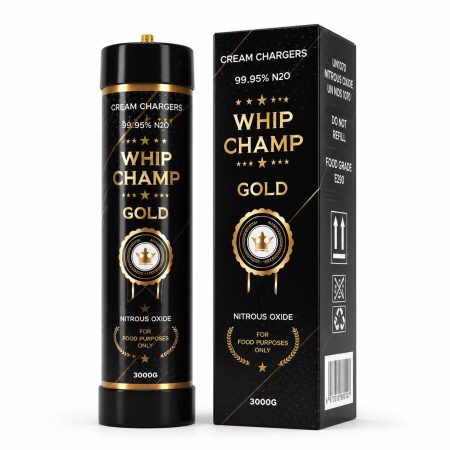 Whip Champ Gold 3000g Cream Charger Cylinder — Full Pallet of 128 Cylinders 12 Whip Champ Gold 3000g 99.95% nitrous oxide cylinder with black and gold carton, supplied by the full pallet