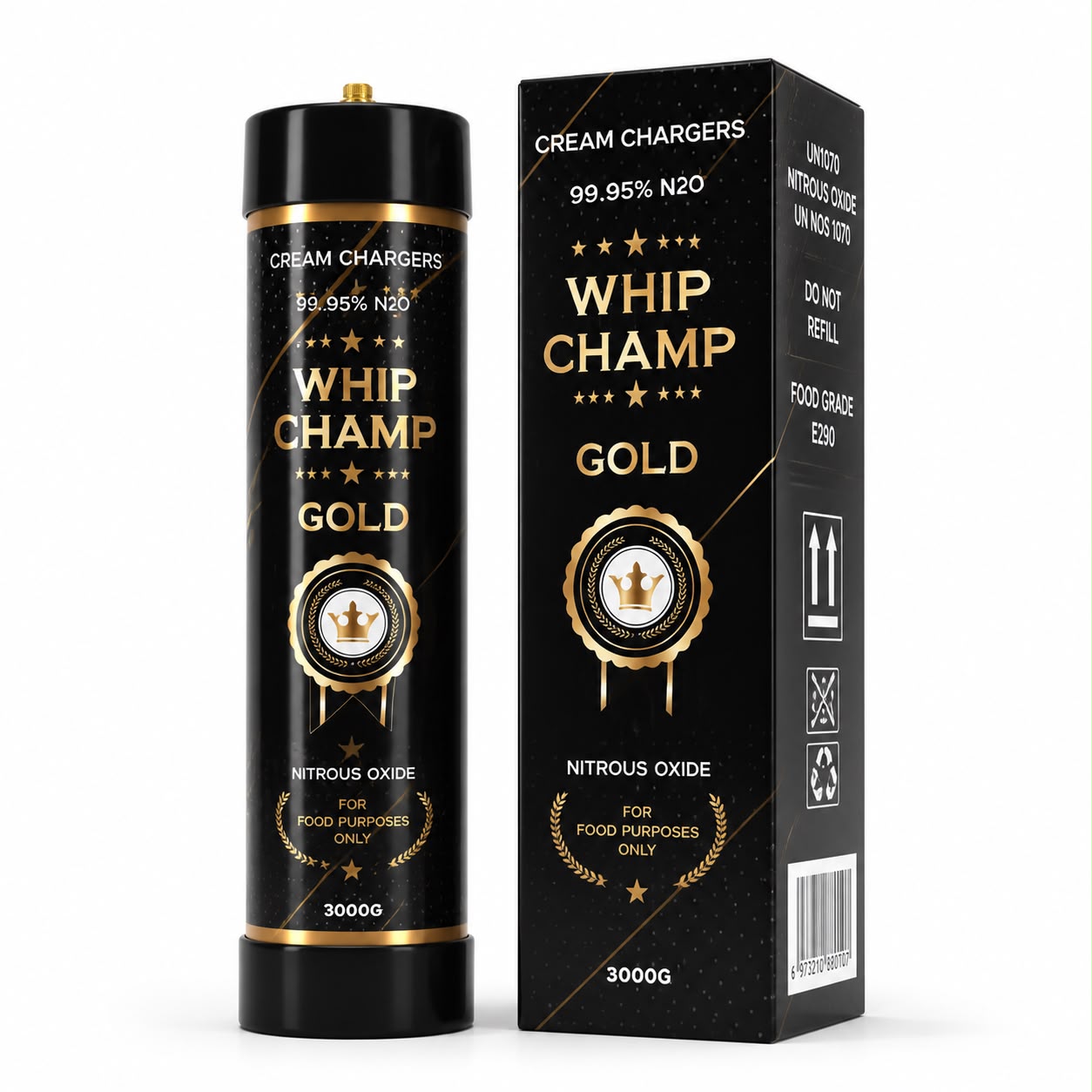 Whip Champ Gold 3000g Cream Charger Cylinder — Full Pallet of 128 Cylinders 1 Whip Champ Gold 3000g 99.95% nitrous oxide cylinder with black and gold carton, supplied by the full pallet