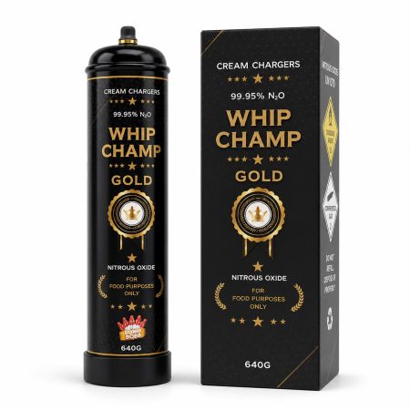 Whip Champ Gold 640g Cream Charger Cylinder — Full Pallet of 432 Cylinders 10 Whip Champ Gold 640g 99.95% nitrous oxide cylinder with black and gold carton, supplied by the full pallet